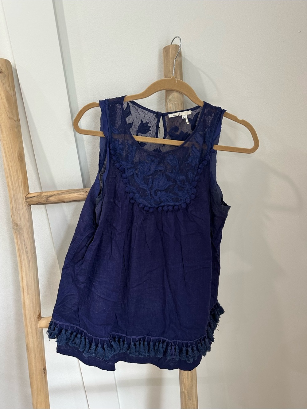 Anthropologie Sleeveless Navy Embroidered Tassel Tank Top